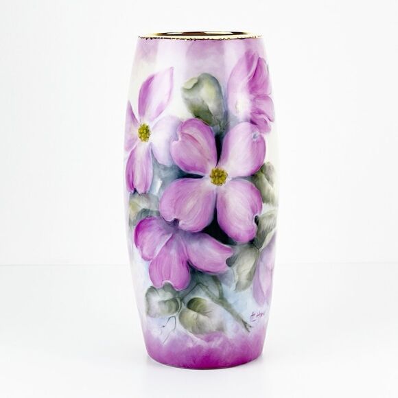 International Porcelain Art Teachers Hand Painted Pink Flowers Floral Vase - Picture 1 of 12